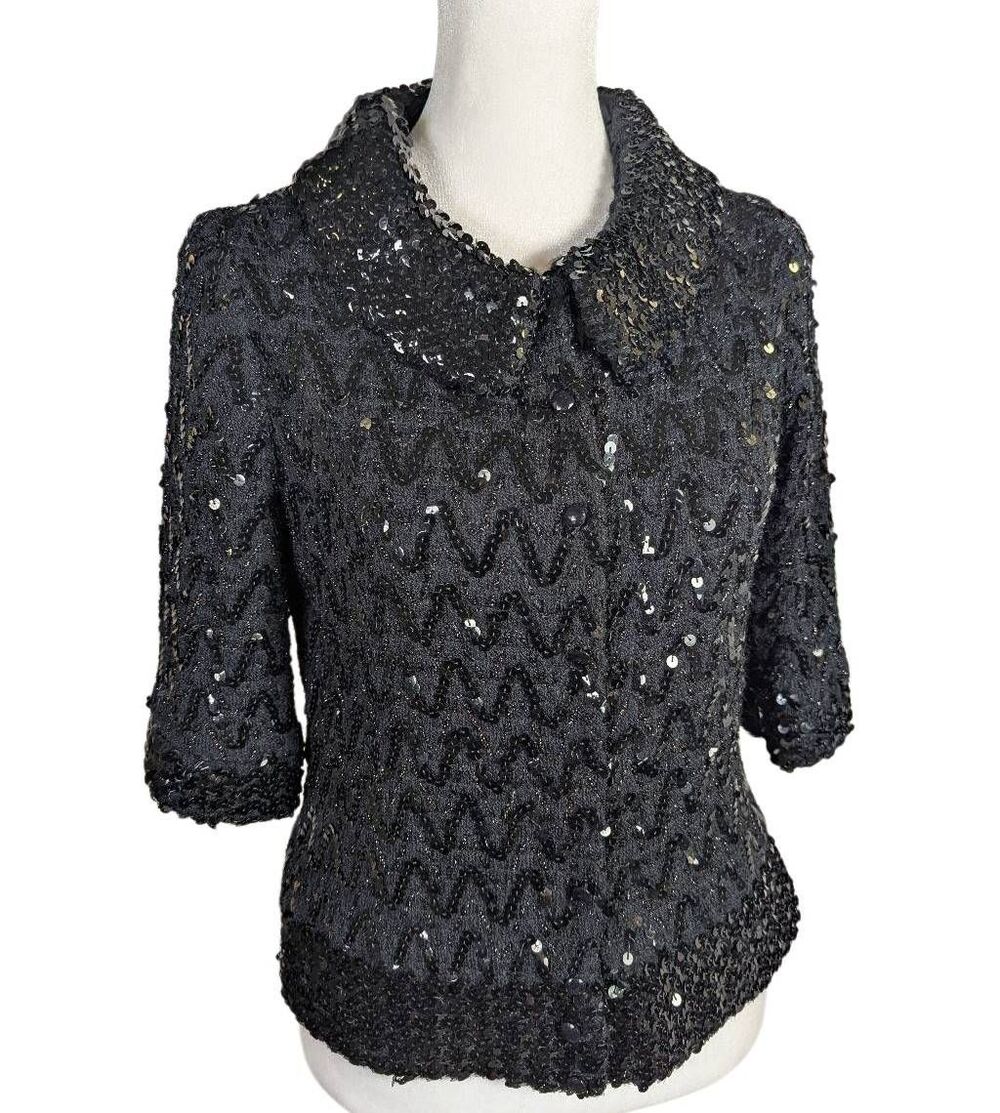 Vintage Partique 70s 80s Black sequin sweater formal collared jacket womens 8